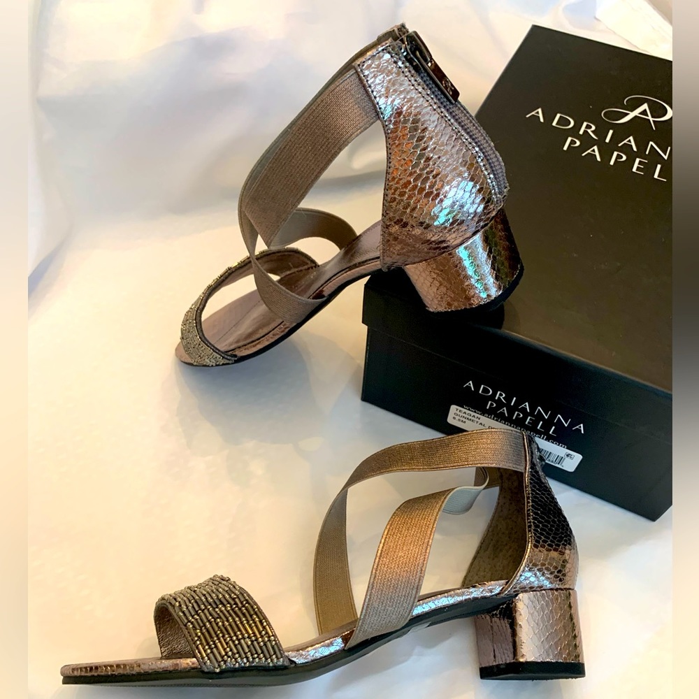 Adrianna Papell Teagan Evening Leather Bead Gunmetal Elastic Strap Sandal 6.5 M